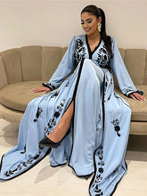 Sky Blue V Neck Moroccan caftan Evening Dresses Long Sleeves Lace Special Occasion Dress Lace Party Gown